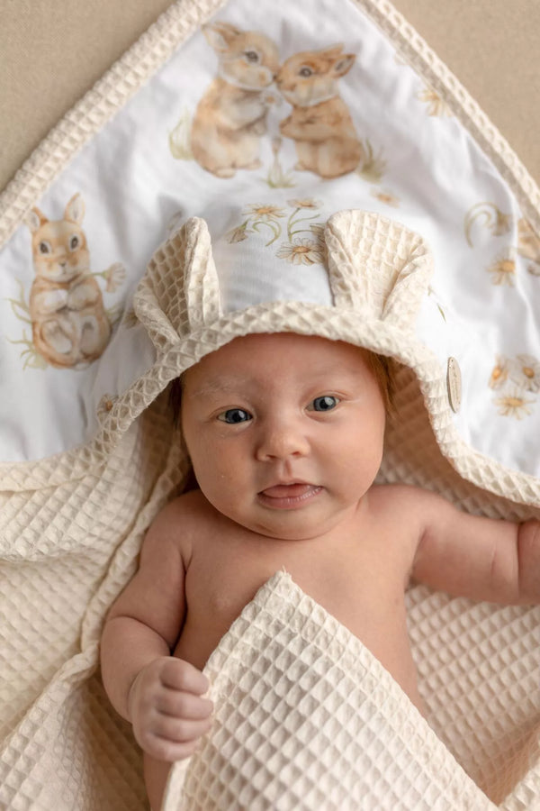 Hooded Baby Waffle Towel - Bunnies in Daisies