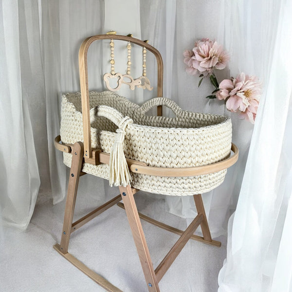 Handmade Scalloped Edge Crochet Moses Basket with a Stand and Toy Mobile - 100% Cotton T-shirt Yarn