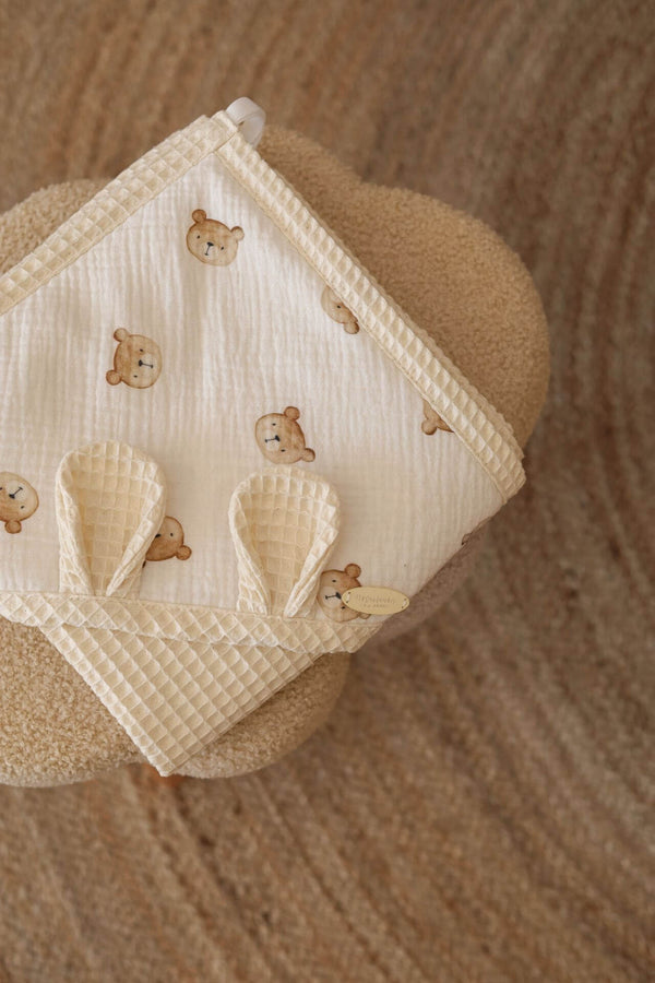 Hooded Waffle Towel for Babies & Children – Teddy Bear with Cream