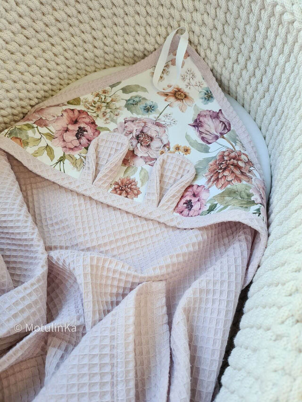 Hooded Waffle Towel for Babies & Children – Flower Garden with Powder Pink