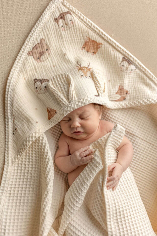 Hooded Waffle Towel for Babies & Children – Forest Friends with Cream