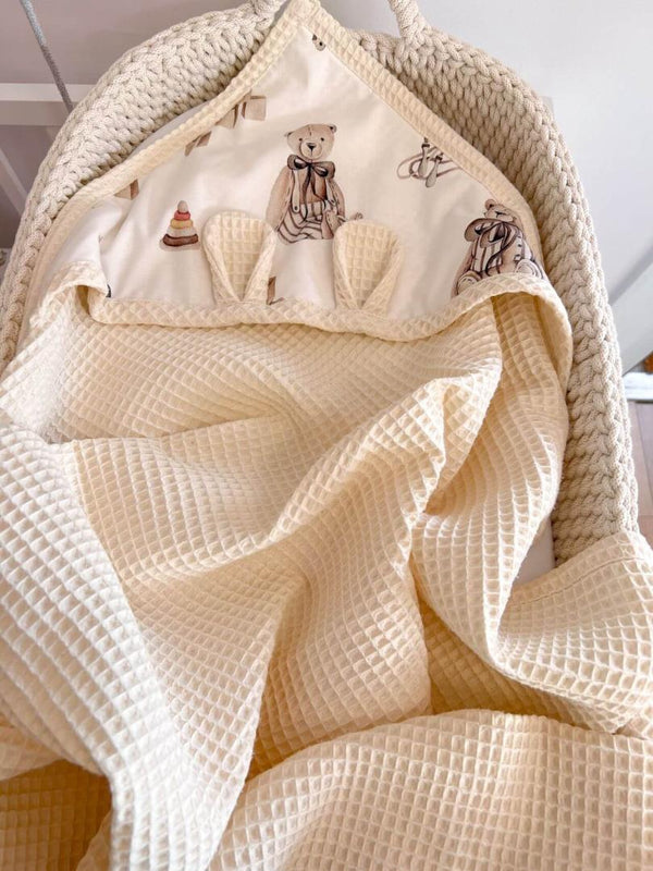 Hooded Waffle Towel for Babies & Children – Retro Bear with Cream