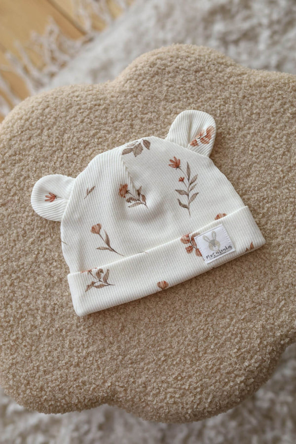 Soft Cotton Ribbed Baby Hat - Beige Flowers