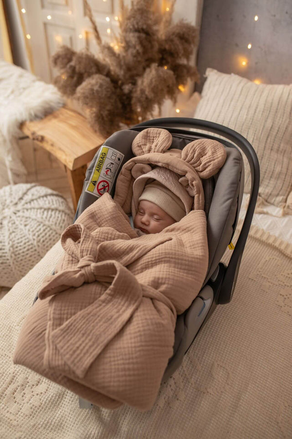 Handmade Car Seat Blanket - GOTS Organic Muslin Cotton - Chocolate