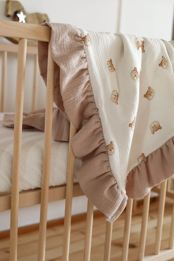 Light GOTS Organic Muslin Baby Blanket with a frill - Bears