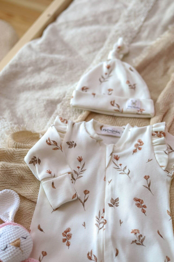 Soft Cotton Ribbed Baby Sleepsuit, Zip Up - Beige Flowers (Newborn -12 months)