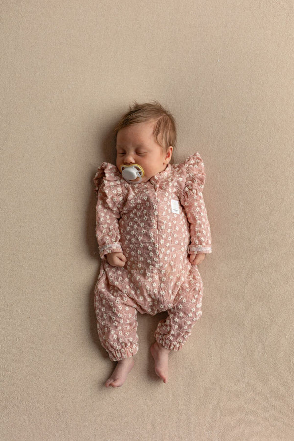 Soft Cotton Rompers with Embroidered Flowers, Zip Up - Rose (0-12 months)