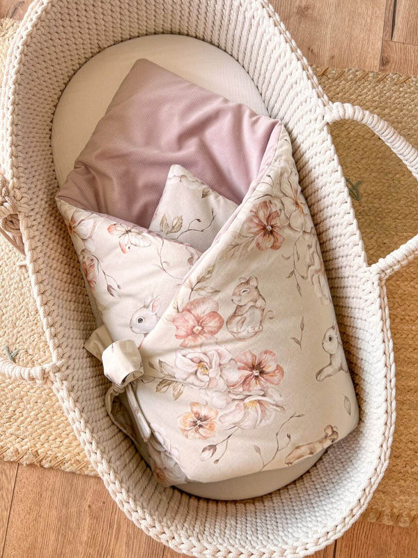 Newborn Baby Swaddle Blanket - Pastel Meadow with Powder Pink Velvet