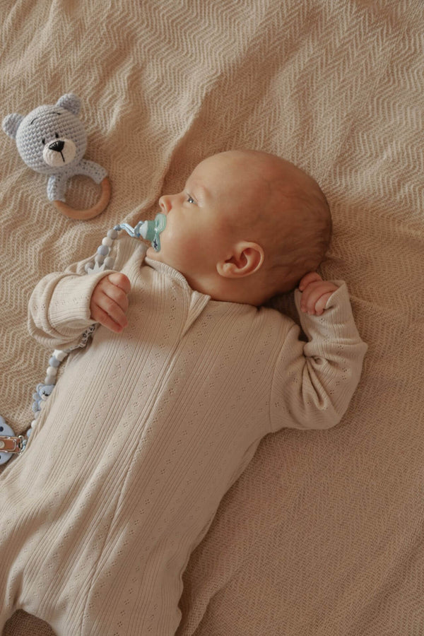 Soft Cotton Baby Sleepsuit, Zip Up - Beige Openwork (0-12 months)