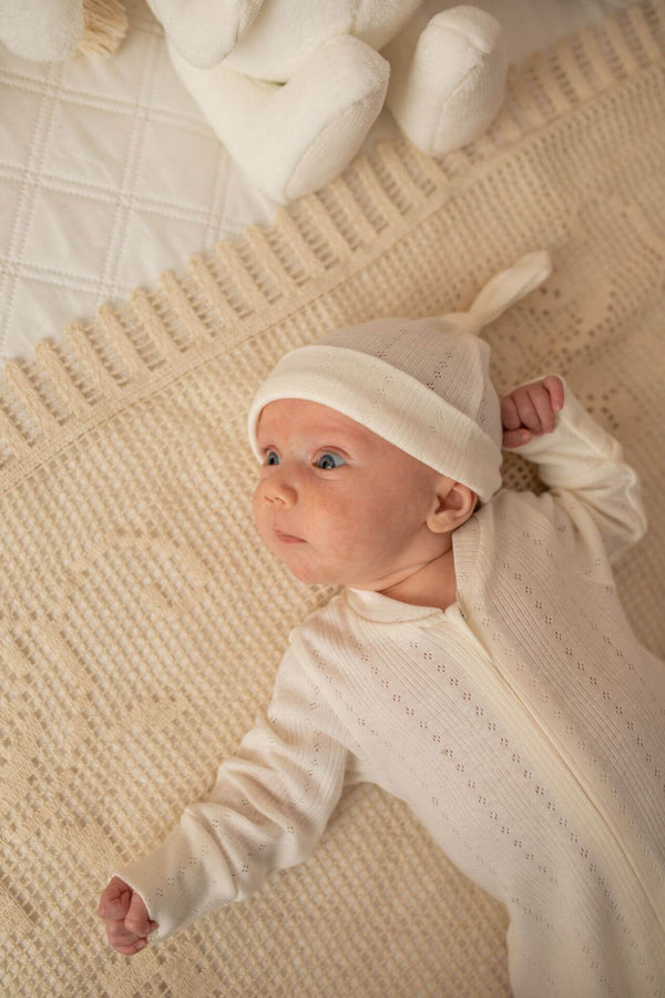 Soft Cotton Baby Sleepsuit, Zip Up - Cream Openwork (0-12 months)