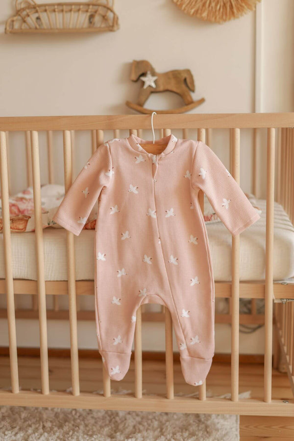 Soft Cotton Baby Sleepsuit, Zip Up - Powder Pink Birds (0-12 months)