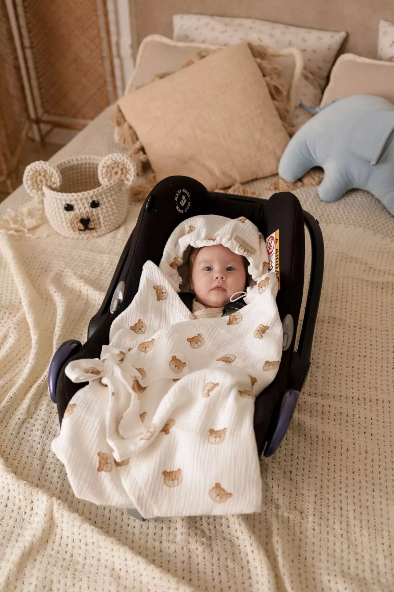 Summer Car Seat Blanket | Muslin Cotton | Teddy Bear | The Baby Den