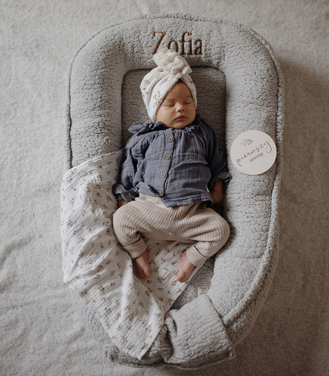 Personalised Bouclé Baby Nest, Grey | Custom Name Baby Pod | The Baby Den