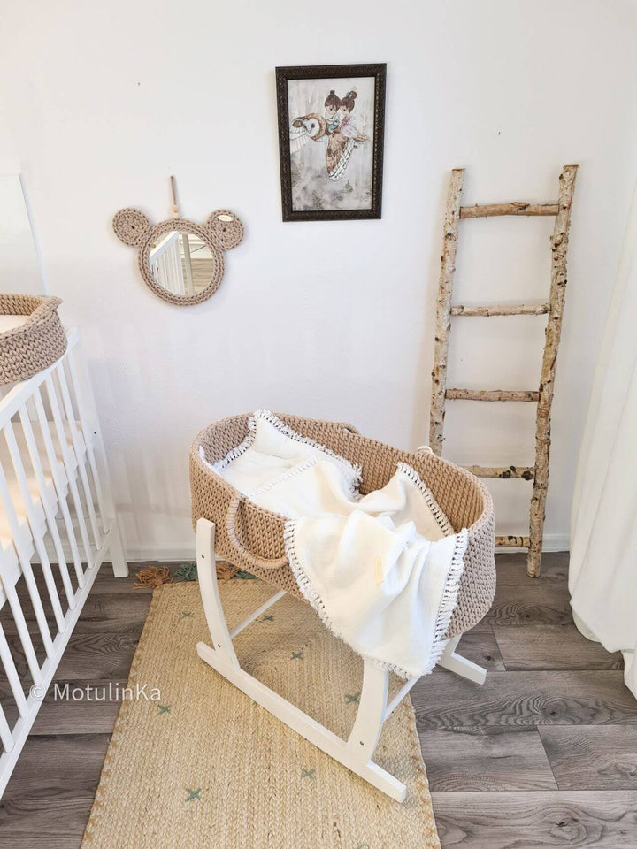 Latte handmade crochet moses basket from The Baby Den