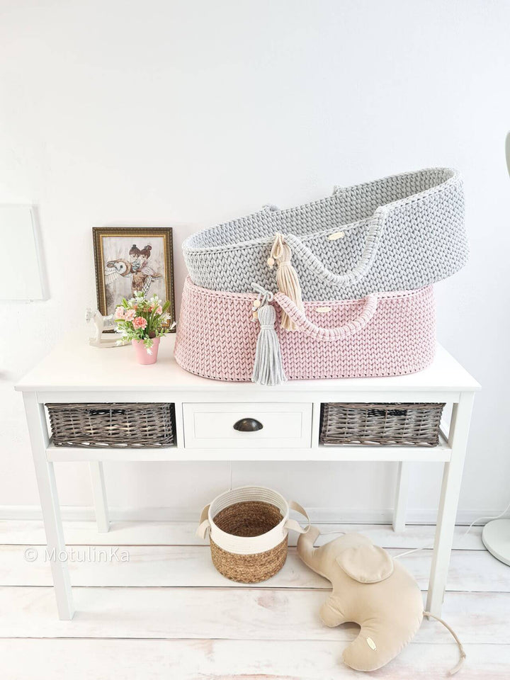 Pink and grey handmade crochet moses basket