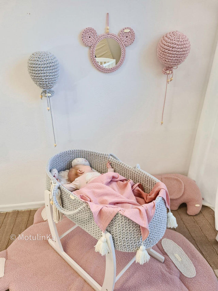 Grey handmade crochet moses basket combined with pink