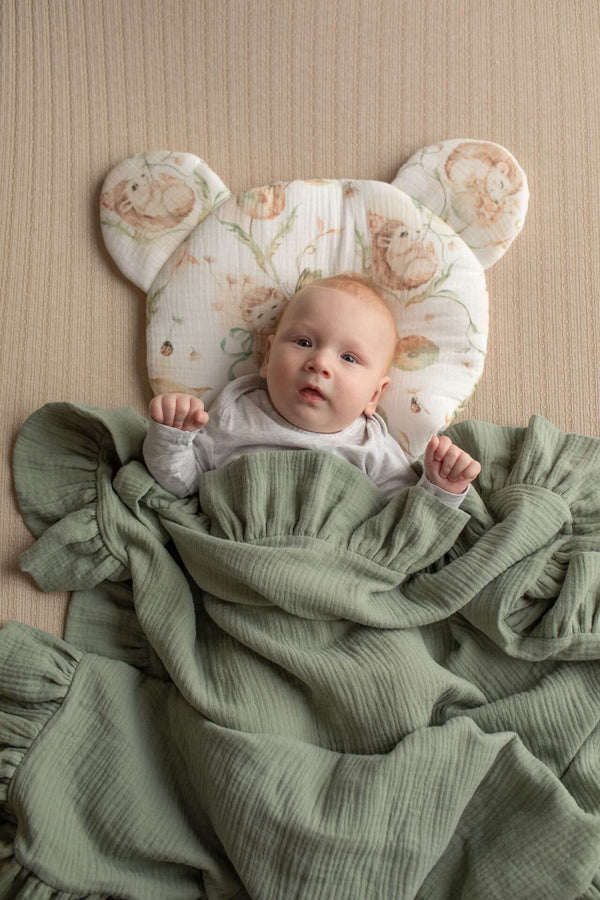 Light Organic Muslin Baby Blanket with a frill - Sage