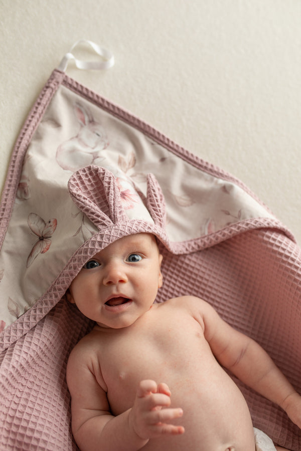 Hooded Baby Towel - Cotton Wafer - Pastel pink